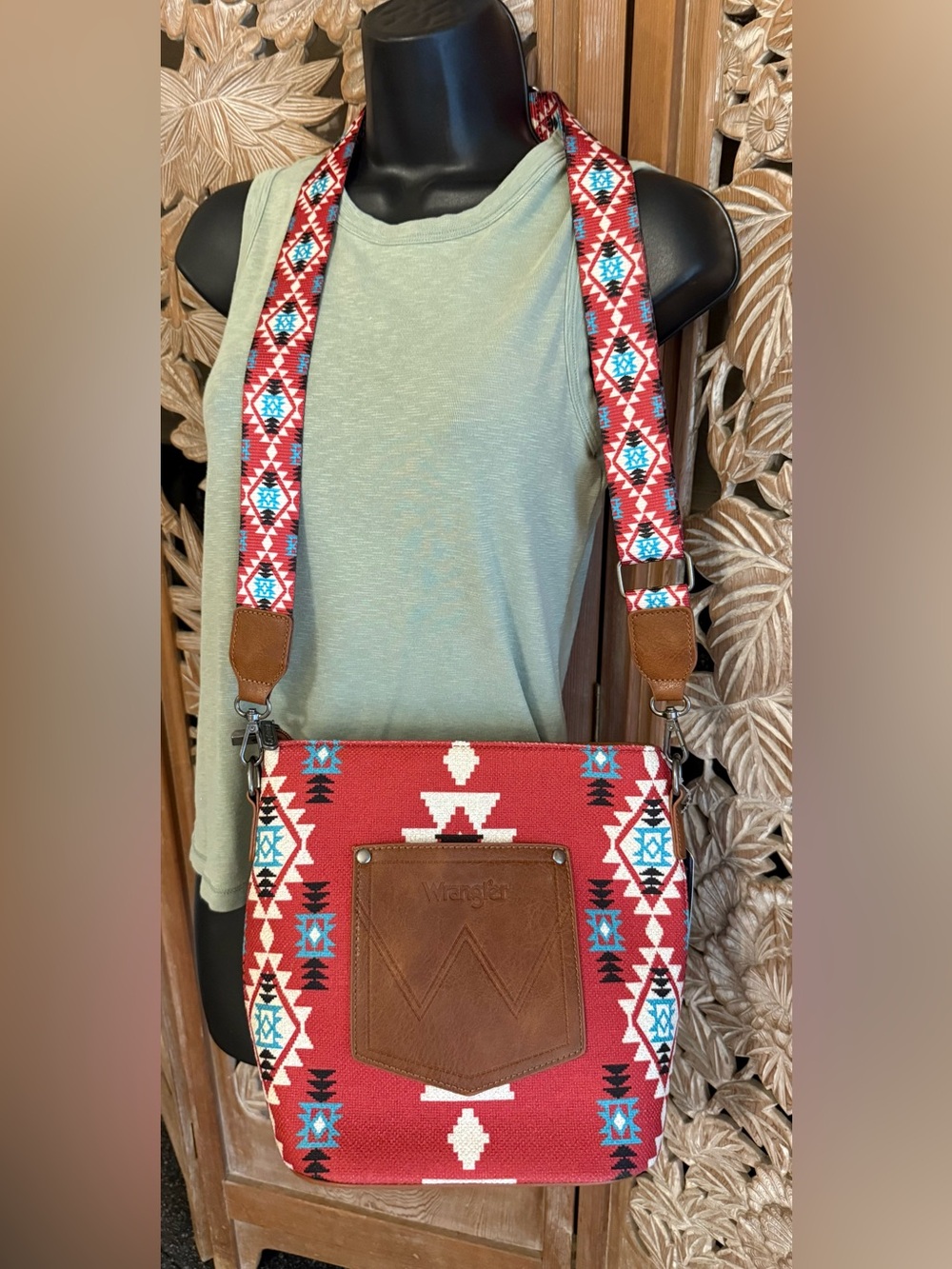 Wrangler Red Aztec Print Crossbody with Brown Leather Patch